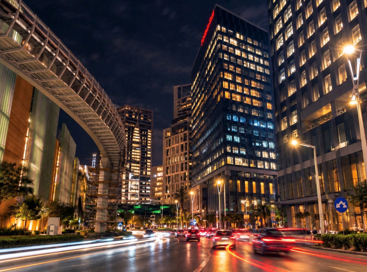 Modern GCC business district illuminated at night